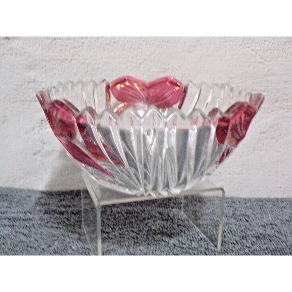 Vintage Anna Hutte Bleikristall Ruby Red & Clear Glass Swirl Candy Dish